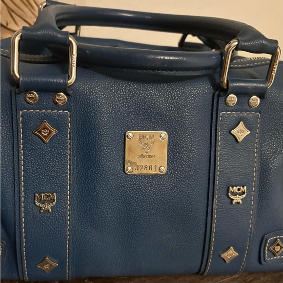 MCM Blue Leather Boston Bag with Silver Accents - Picture 3 of 13